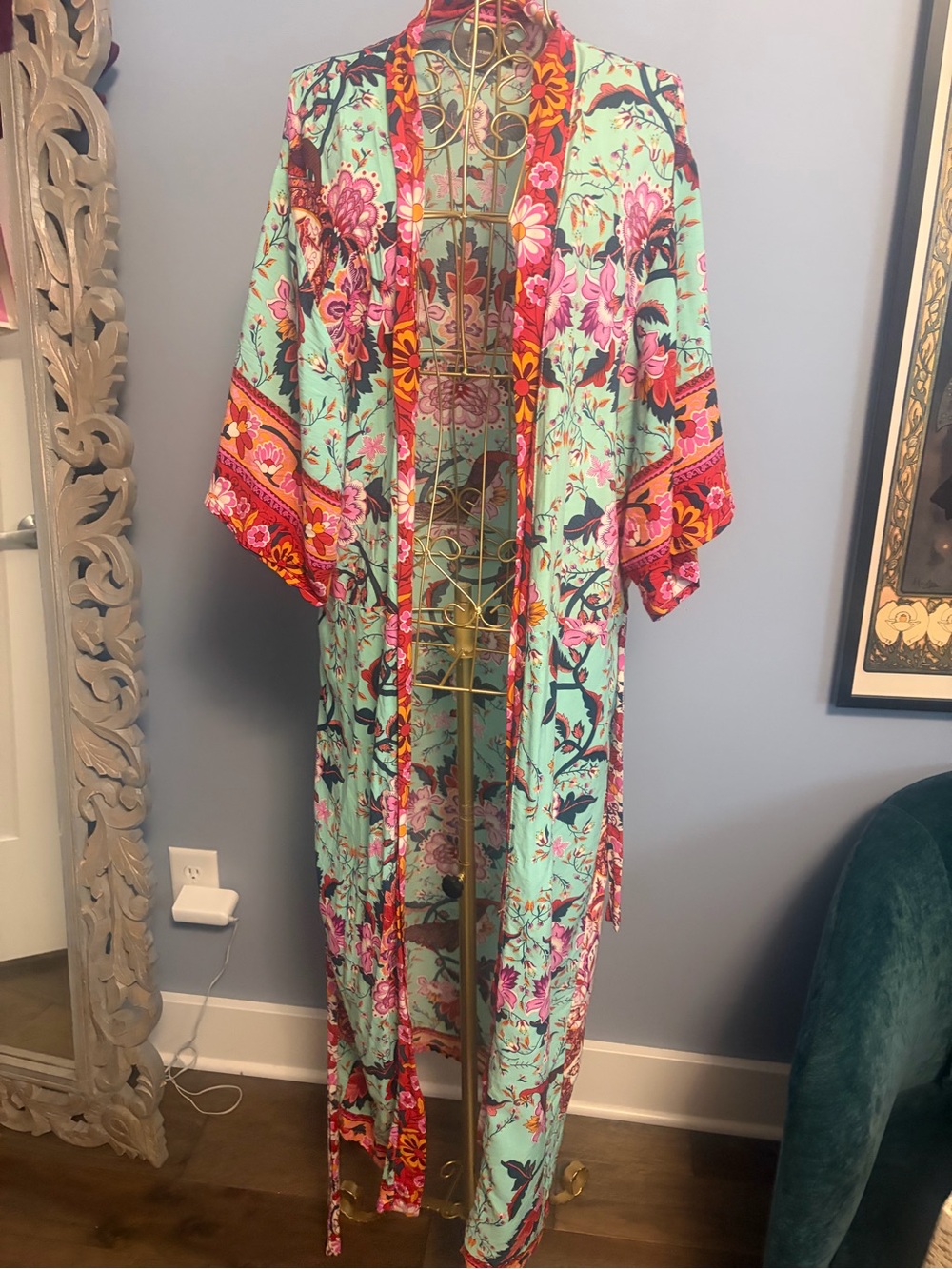 Anthropologie Mint Long Floral Kimono Robe Pink & Orange Trim - Picture 1 of 5